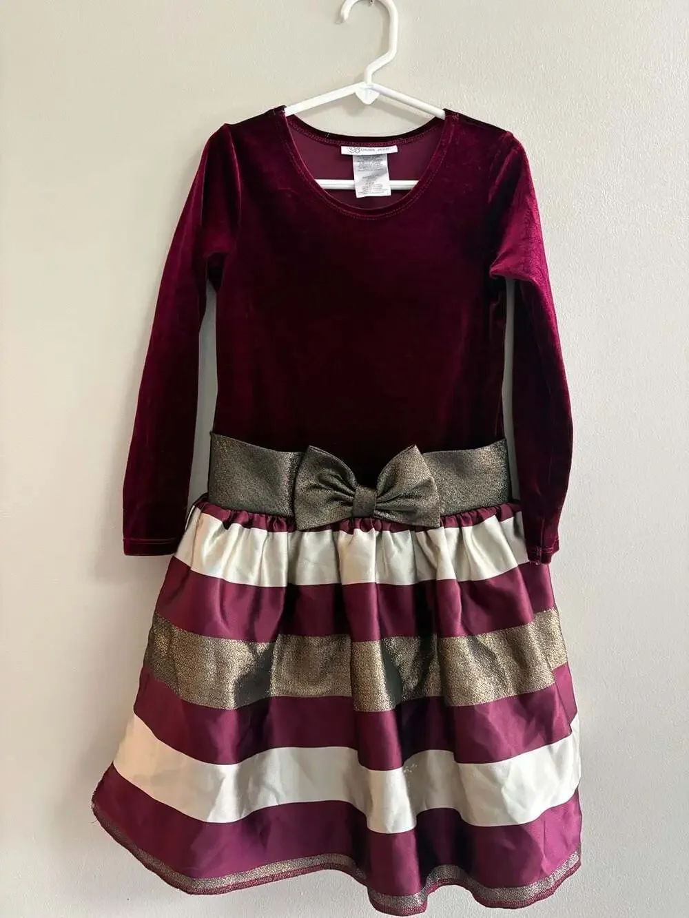 Bonnie Jean Burgundy Velvet and Striped Taffeta Holiday Dress with Gold Waist Bo